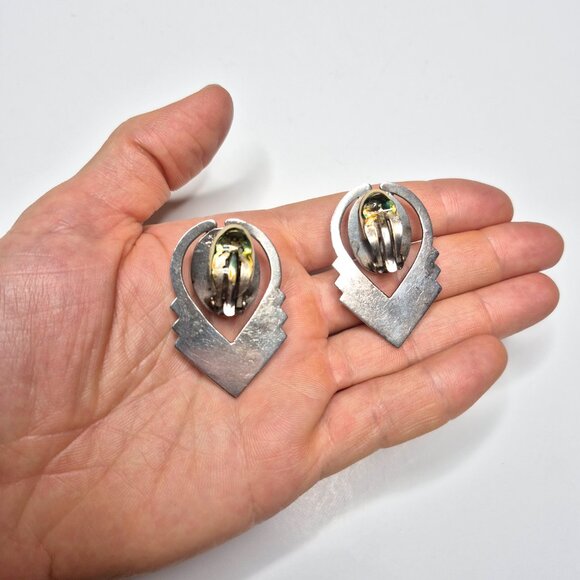 Vintage Modernist 925 Sterling Silver Black Onyx Chevron Earrings, Geometric - Picture 4 of 4